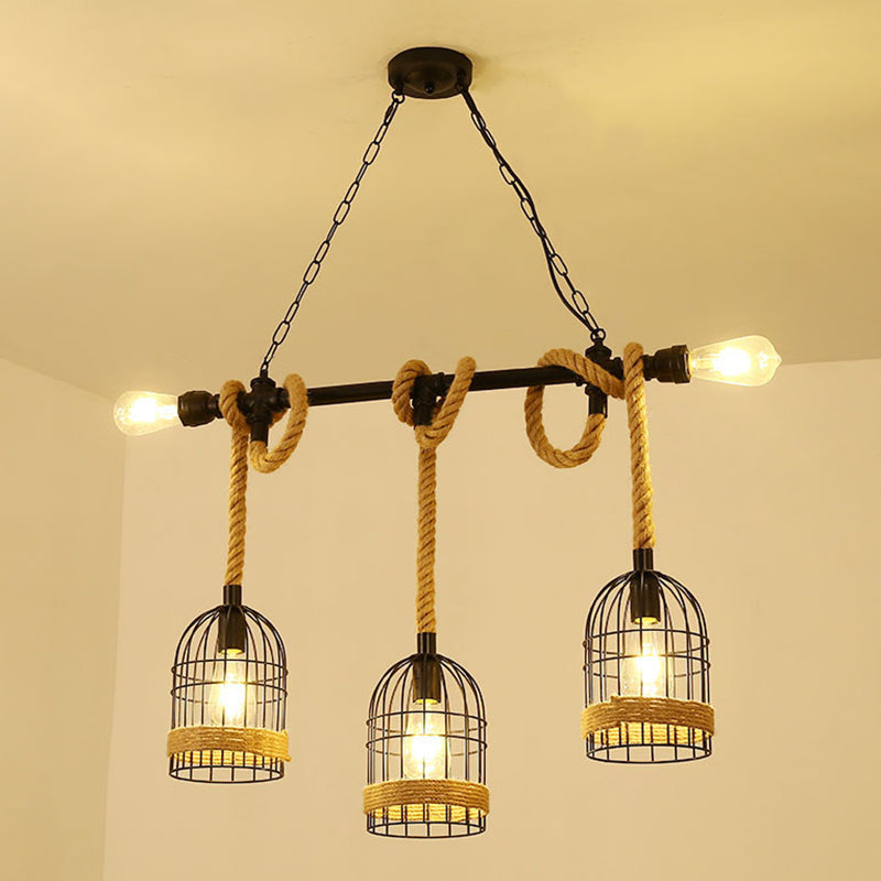 Vintage Shaded Pendant Lighting Iron Hanging Island Light with Hemp Rope in Black 5 Black B Clearhalo 'Ceiling Lights' 'Island Lights' Lighting' 2227637