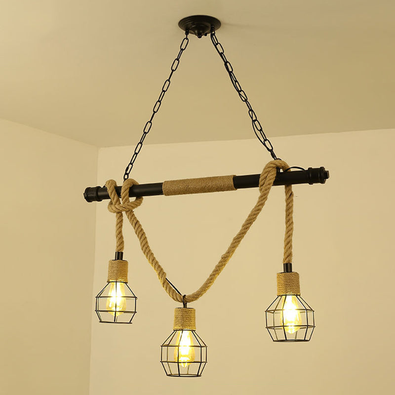 Vintage Shaded Pendant Lighting Iron Hanging Island Light with Hemp Rope in Black 3 Black B Clearhalo 'Ceiling Lights' 'Island Lights' Lighting' 2227639