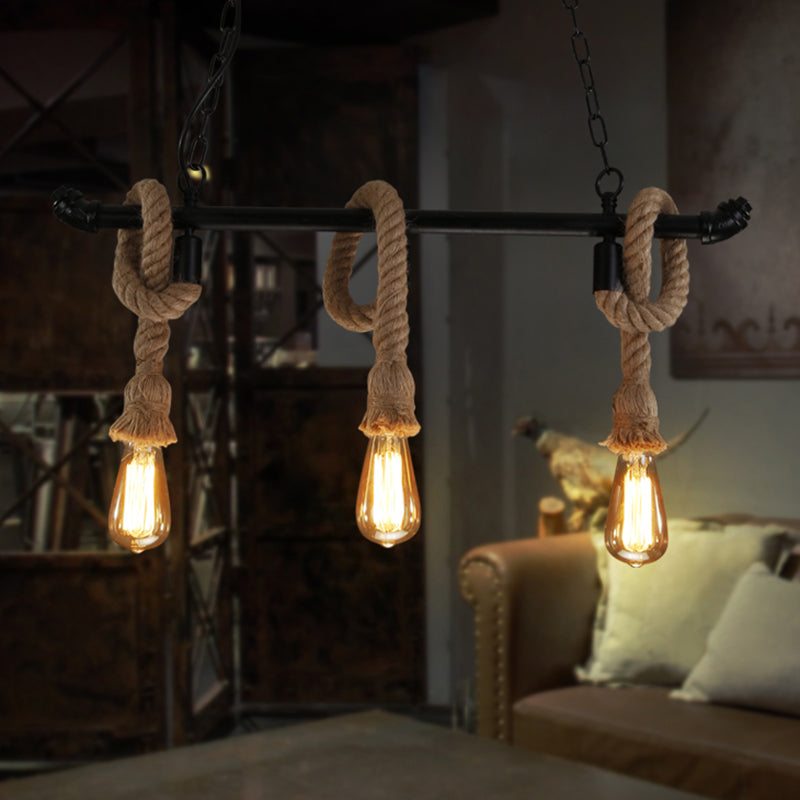 Water Pipe Metallic Hanging Lamp Rustic Style Restaurant Island Chandelier Light with Hemp Rope in Black Clearhalo 'Ceiling Lights' 'Island Lights' Lighting' 2227658