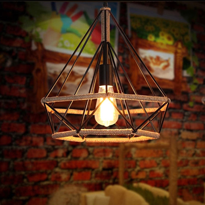 Geometric Hemp Rope Hanging Light Rustic 1 Bulb Restaurant Pendant Light Fixture in Black Black A Clearhalo 'Art Deco Pendants' 'Black' 'Cast Iron' 'Ceiling Lights' 'Ceramic' 'Crystal' 'Industrial' 'Metal' 'Pendant Lights' 'Rustic Pendants' 'Tiffany' Lighting' 2227744