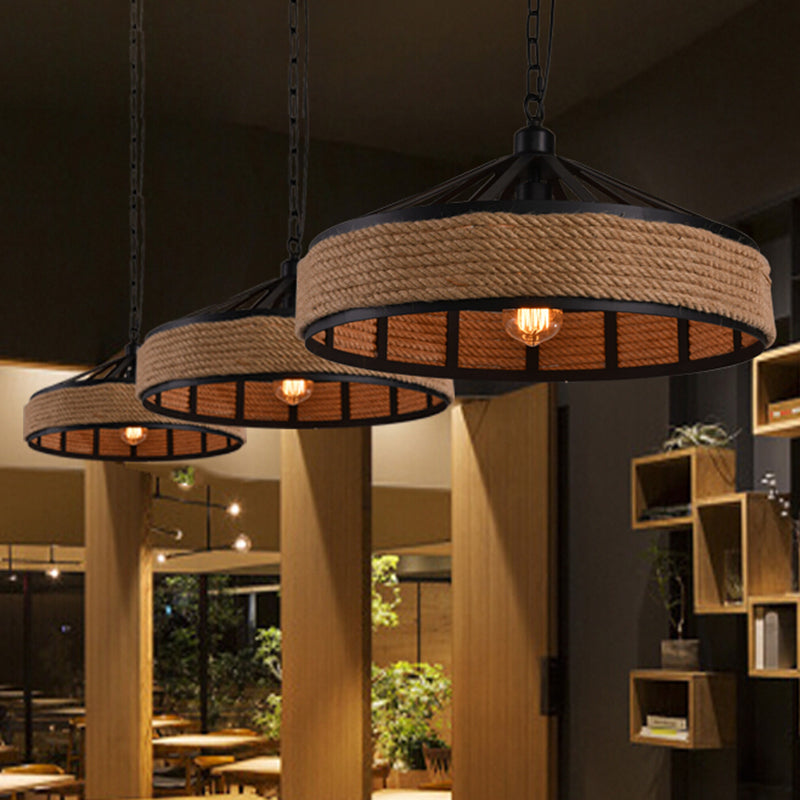 Geometric Hemp Rope Hanging Light Rustic 1 Bulb Restaurant Pendant Light Fixture in Black Clearhalo 'Art Deco Pendants' 'Black' 'Cast Iron' 'Ceiling Lights' 'Ceramic' 'Crystal' 'Industrial' 'Metal' 'Pendant Lights' 'Rustic Pendants' 'Tiffany' Lighting' 2227745