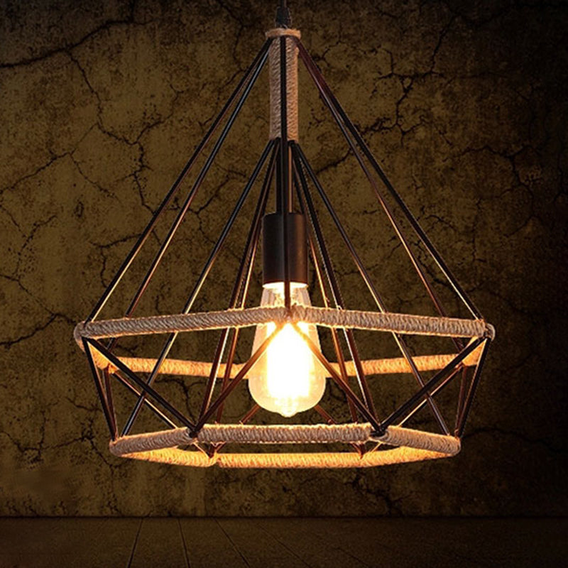 Geometric Hemp Rope Hanging Light Rustic 1��Bulb Restaurant Pendant Light Fixture in Black Clearhalo 'Ceiling Lights' 'Industrial Pendants' 'Industrial' 'Middle Century Pendants' 'Pendant Lights' 'Pendants' 'Tiffany' Lighting' 2227747_dd680cca-b124-4698-99eb-97492b3c0707