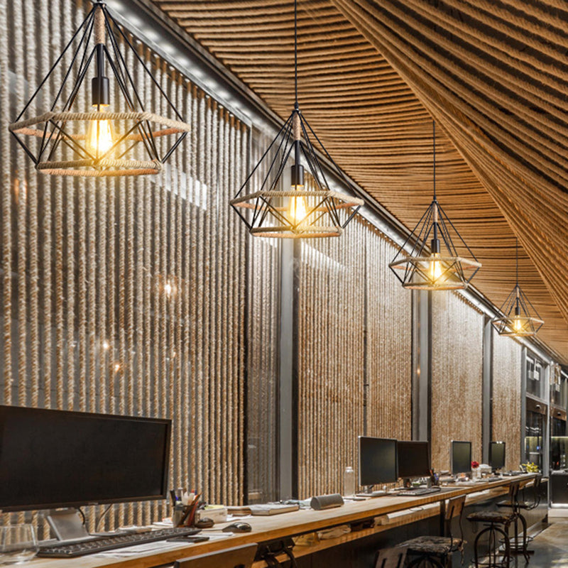 Geometric Hemp Rope Hanging Light Rustic 1 Bulb Restaurant Pendant Light Fixture in Black Clearhalo 'Art Deco Pendants' 'Black' 'Cast Iron' 'Ceiling Lights' 'Ceramic' 'Crystal' 'Industrial' 'Metal' 'Pendant Lights' 'Rustic Pendants' 'Tiffany' Lighting' 2227748