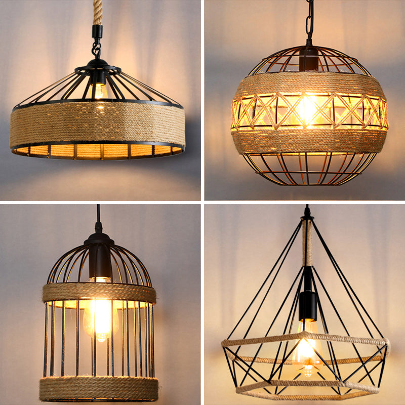 Single Ceiling Light Industrial Geometrical Hemp Rope Hanging Pendant Light in Black Clearhalo 'Ceiling Lights' 'Industrial Pendants' 'Industrial' 'Middle Century Pendants' 'Pendant Lights' 'Pendants' 'Tiffany' Lighting' 2227763