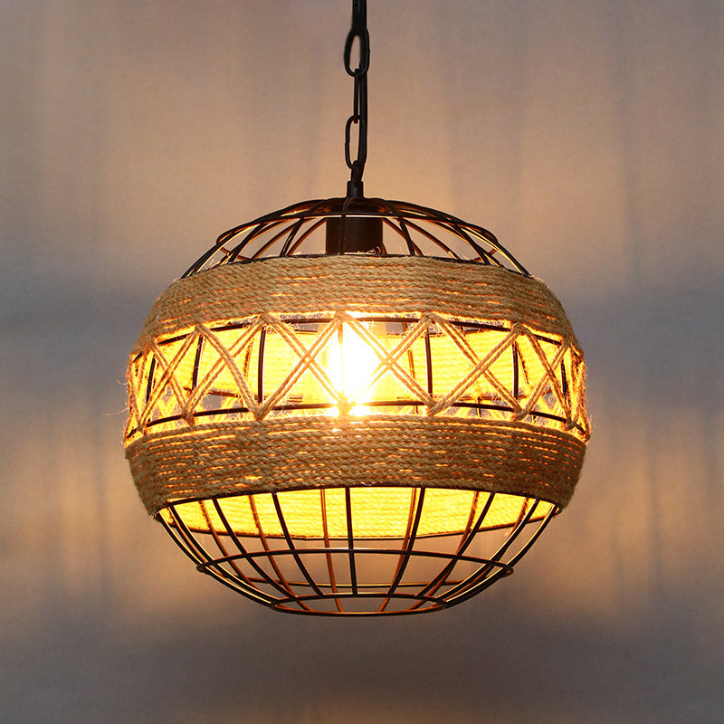 Single Ceiling Light Industrial Geometrical Hemp Rope Hanging Pendant Light in Black Black Globe Clearhalo 'Ceiling Lights' 'Industrial Pendants' 'Industrial' 'Middle Century Pendants' 'Pendant Lights' 'Pendants' 'Tiffany' Lighting' 2227764