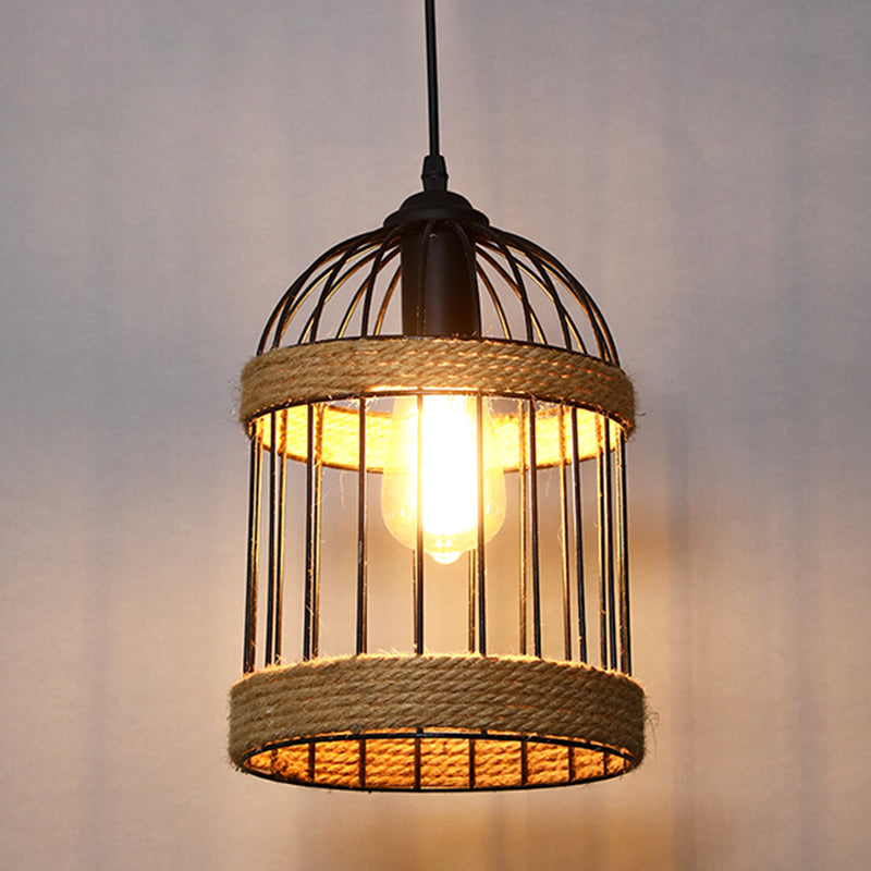 Single Ceiling Light Industrial Geometrical Hemp Rope Hanging Pendant Light in Black Black Birdcage Clearhalo 'Ceiling Lights' 'Industrial Pendants' 'Industrial' 'Middle Century Pendants' 'Pendant Lights' 'Pendants' 'Tiffany' Lighting' 2227765