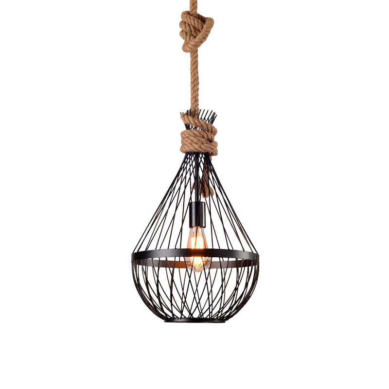 Pear-Shaped Iron Suspension Lighting Retro 1 Head Restaurant Pendant Ceiling Light with Hemp Rope in Black Clearhalo 'Art Deco Pendants' 'Black' 'Cast Iron' 'Ceiling Lights' 'Ceramic' 'Crystal' 'Industrial' 'Metal' 'Pendant Lights' 'Rustic Pendants' 'Tiffany' Lighting' 2227810