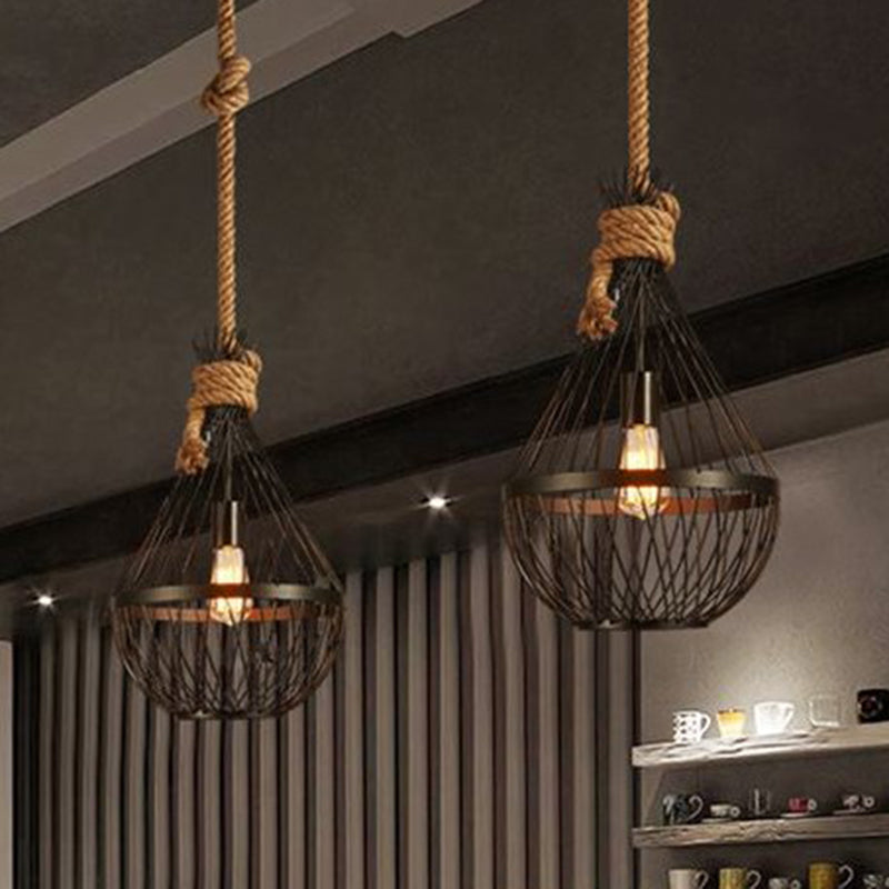 Pear-Shaped Iron Suspension Lighting Retro 1 Head Restaurant Pendant Ceiling Light with Hemp Rope in Black Black Clearhalo 'Art Deco Pendants' 'Black' 'Cast Iron' 'Ceiling Lights' 'Ceramic' 'Crystal' 'Industrial' 'Metal' 'Pendant Lights' 'Rustic Pendants' 'Tiffany' Lighting' 2227811