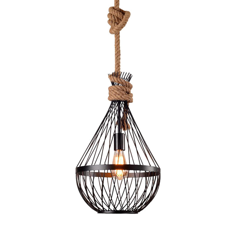 Pear-Shaped Iron Suspension Lighting Retro 1 Head Restaurant Pendant Ceiling Light with Hemp Rope in Black Clearhalo 'Art Deco Pendants' 'Black' 'Cast Iron' 'Ceiling Lights' 'Ceramic' 'Crystal' 'Industrial' 'Metal' 'Pendant Lights' 'Rustic Pendants' 'Tiffany' Lighting' 2227812