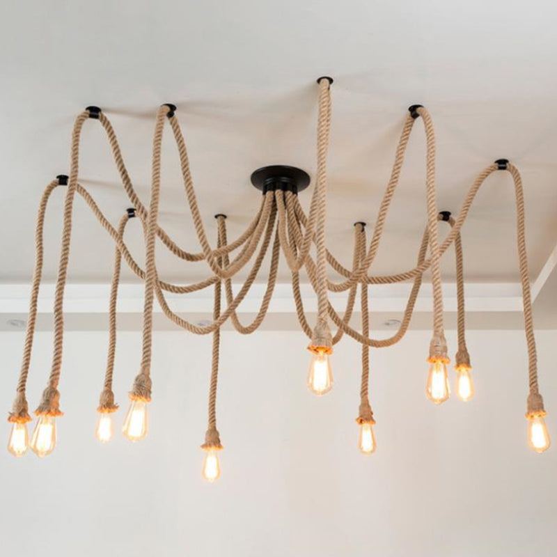 Hemp Rope Spider Suspension Light Rustic Restaurant Chandelier Lighting in Flaxen Clearhalo 'Ceiling Lights' 'Industrial Pendants' 'Industrial' 'Middle Century Pendants' 'Pendant Lights' 'Pendants' 'Tiffany' Lighting' 2227830