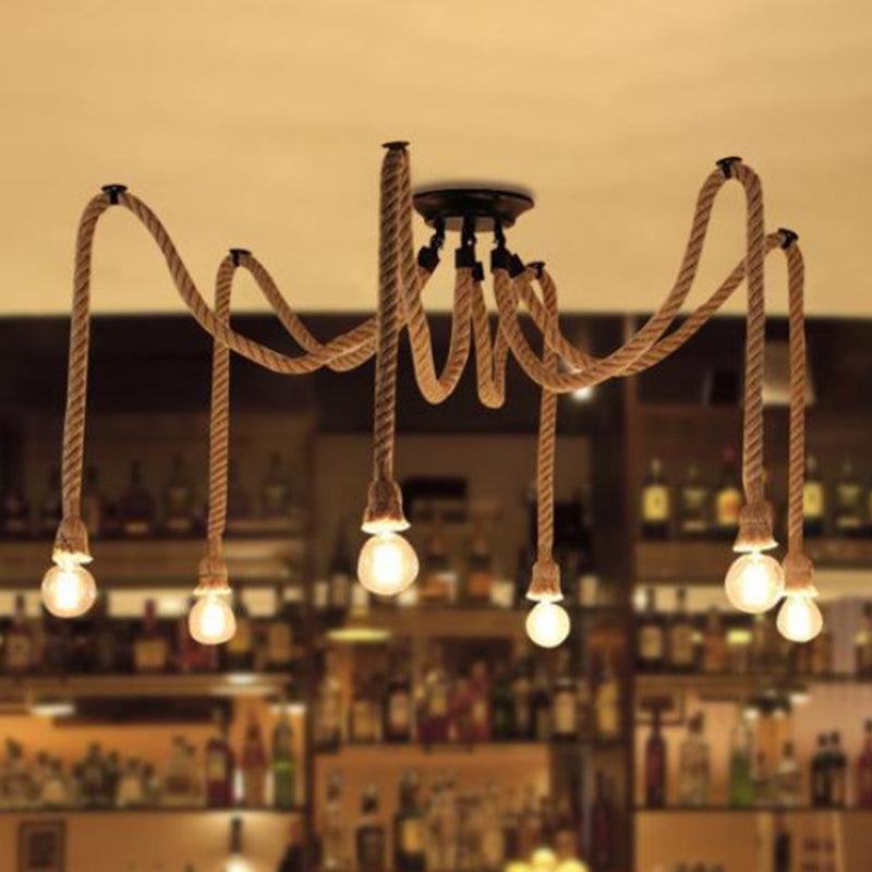 Hemp Rope Spider Suspension Light Rustic Restaurant Chandelier Lighting in Flaxen 6 Flaxen Clearhalo 'Ceiling Lights' 'Industrial Pendants' 'Industrial' 'Middle Century Pendants' 'Pendant Lights' 'Pendants' 'Tiffany' Lighting' 2227833