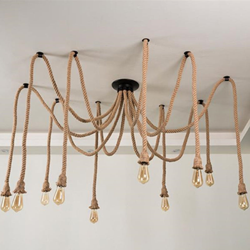 Hemp Rope Spider Suspension Light Rustic Restaurant Chandelier Lighting in Flaxen Clearhalo 'Ceiling Lights' 'Industrial Pendants' 'Industrial' 'Middle Century Pendants' 'Pendant Lights' 'Pendants' 'Tiffany' Lighting' 2227834