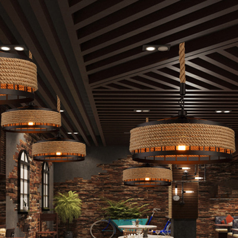 Hemp Rope Yurt Hanging Light Rustic 1��Bulb Restaurant Pendant Light Fixture in Black Clearhalo 'Ceiling Lights' 'Industrial Pendants' 'Industrial' 'Middle Century Pendants' 'Pendant Lights' 'Pendants' 'Tiffany' Lighting' 2227836_9bdc8558-cd43-48f4-80e6-7cdc399dae20