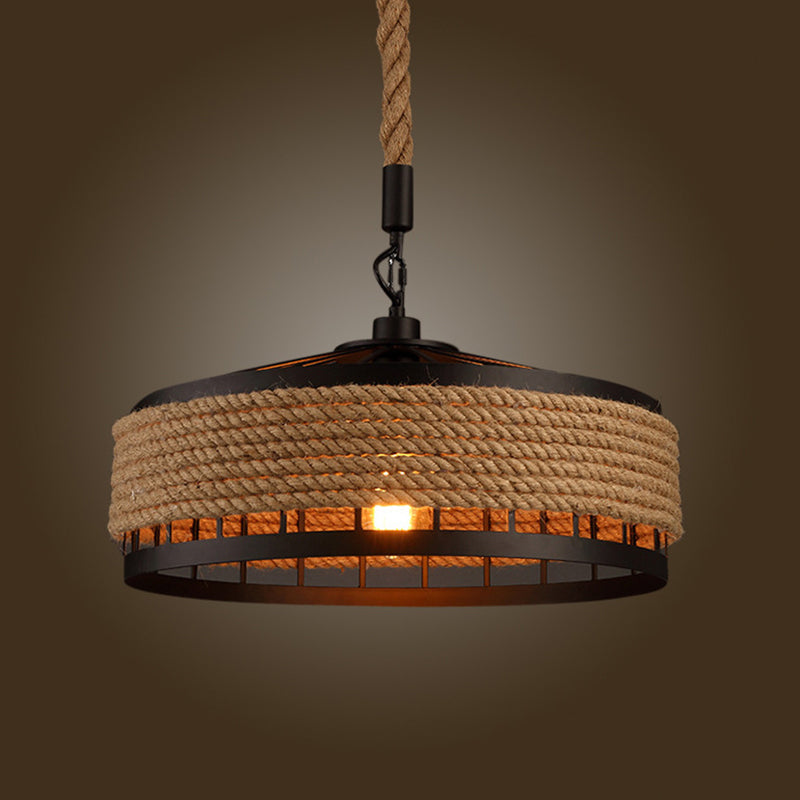 Hemp Rope Yurt Hanging Light Rustic 1 Bulb Restaurant Pendant Light Fixture in Black Clearhalo 'Art Deco Pendants' 'Black' 'Cast Iron' 'Ceiling Lights' 'Ceramic' 'Crystal' 'Industrial' 'Metal' 'Pendant Lights' 'Rustic Pendants' 'Tiffany' Lighting' 2227837_d823a83f-68c9-4e6e-bd7e-9aecff55217c