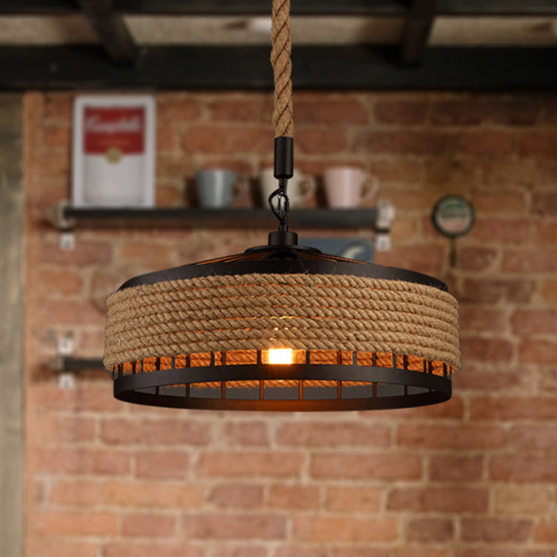 Hemp Rope Yurt Hanging Light Rustic 1 Bulb Restaurant Pendant Light Fixture in Black Clearhalo 'Art Deco Pendants' 'Black' 'Cast Iron' 'Ceiling Lights' 'Ceramic' 'Crystal' 'Industrial' 'Metal' 'Pendant Lights' 'Rustic Pendants' 'Tiffany' Lighting' 2227838