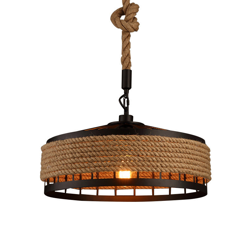 Hemp Rope Yurt Hanging Light Rustic 1 Bulb Restaurant Pendant Light Fixture in Black Black Clearhalo 'Art Deco Pendants' 'Black' 'Cast Iron' 'Ceiling Lights' 'Ceramic' 'Crystal' 'Industrial' 'Metal' 'Pendant Lights' 'Rustic Pendants' 'Tiffany' Lighting' 2227839