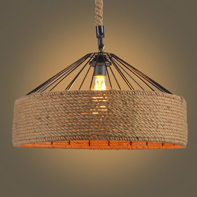 Drum Restaurant Pendant Light Antique Handmade Hemp Rope Single Flaxen Hanging Light Fixture Flaxen Clearhalo 'Art Deco Pendants' 'Cast Iron' 'Ceiling Lights' 'Ceramic' 'Crystal' 'Industrial Pendants' 'Industrial' 'Metal' 'Middle Century Pendants' 'Pendant Lights' 'Pendants' 'Tiffany' Lighting' 2227846