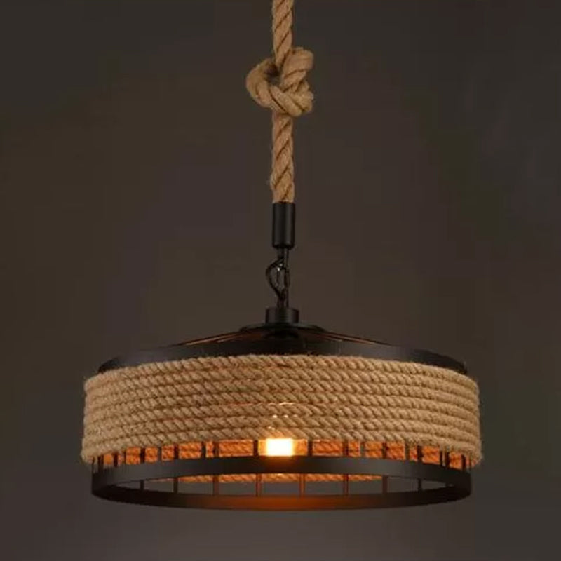 Geometric Metallic Pendant Light Antique 1-Light Restaurant Hanging Light Fixture with Hemp Rope in Brown Clearhalo 'Art Deco Pendants' 'Cast Iron' 'Ceiling Lights' 'Ceramic' 'Crystal' 'Industrial Pendants' 'Industrial' 'Metal' 'Middle Century Pendants' 'Pendant Lights' 'Pendants' 'Tiffany' Lighting' 2227855