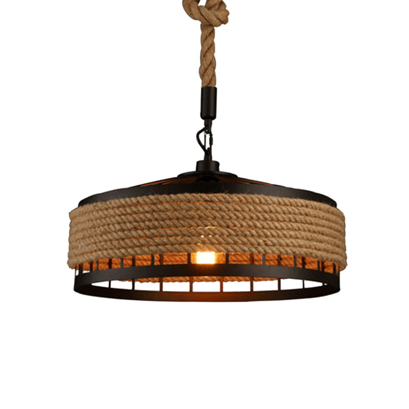 Geometric Metallic Pendant Light Antique 1-Light Restaurant Hanging Light Fixture with Hemp Rope in Brown Clearhalo 'Art Deco Pendants' 'Cast Iron' 'Ceiling Lights' 'Ceramic' 'Crystal' 'Industrial Pendants' 'Industrial' 'Metal' 'Middle Century Pendants' 'Pendant Lights' 'Pendants' 'Tiffany' Lighting' 2227858