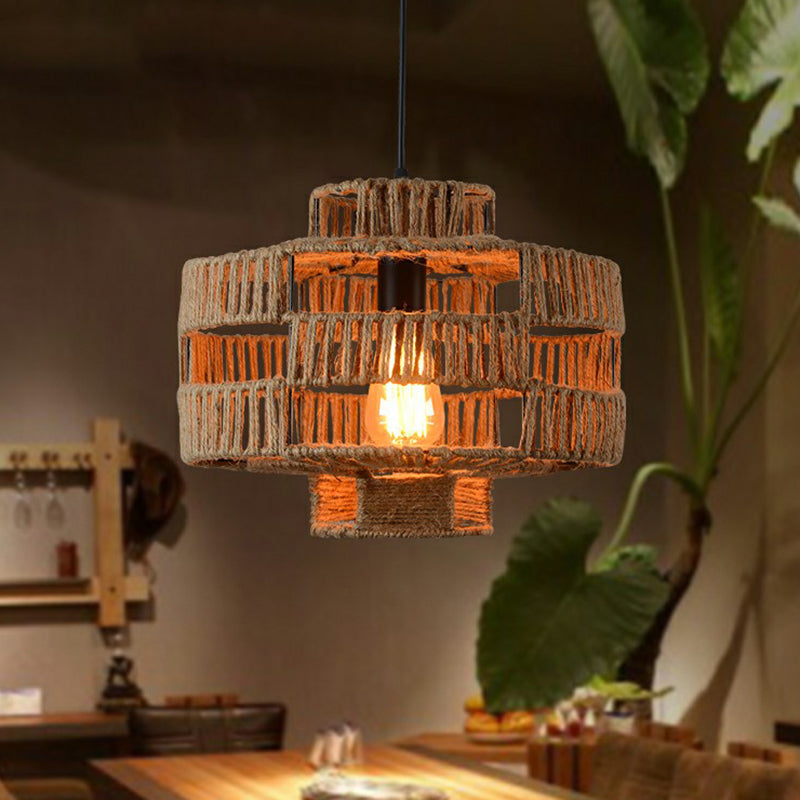 Industrial Lantern Ceiling Light Single Hemp Rope Hanging Pendant Lighting in Brown Clearhalo 'Ceiling Lights' 'Industrial Pendants' 'Industrial' 'Middle Century Pendants' 'Pendant Lights' 'Pendants' 'Tiffany' Lighting' 2227889