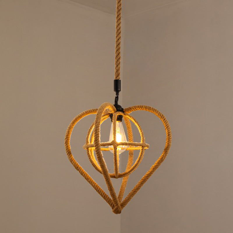 Hemp Rope Caged Hanging Light Vintage Single-Bulb Restaurant Lighting Pendant in Brown Brown D Clearhalo 'Ceiling Lights' 'Industrial Pendants' 'Industrial' 'Middle Century Pendants' 'Pendant Lights' 'Pendants' 'Tiffany' Lighting' 2227956