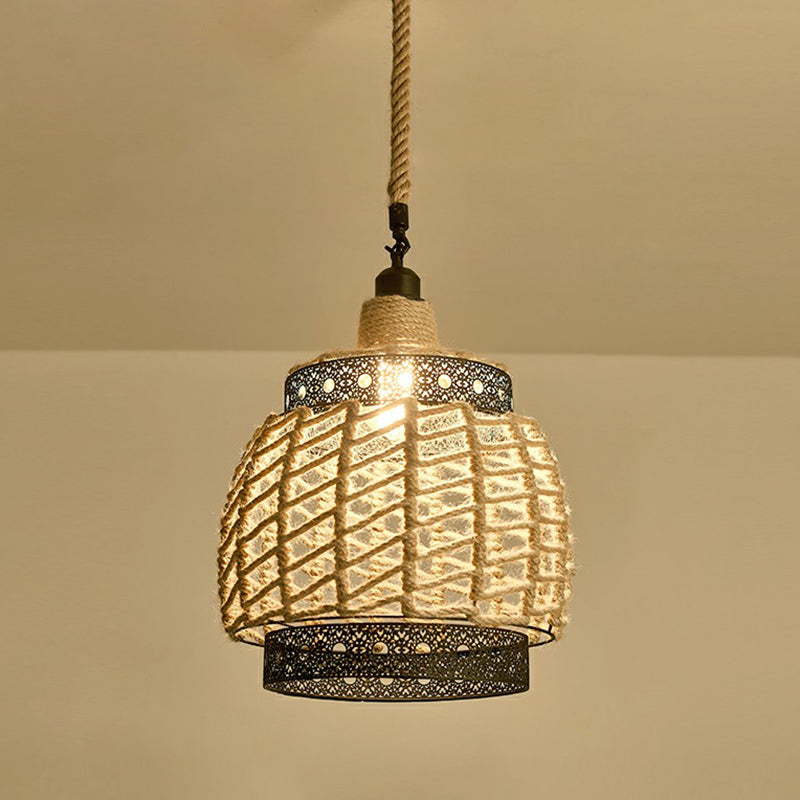 1-Light Pendant Light Antique Hemp Rope Hanging Light Fixture in Brown for Restaurant Clearhalo 'Ceiling Lights' 'Pendant Lights' 'Pendants' Lighting' 2227978