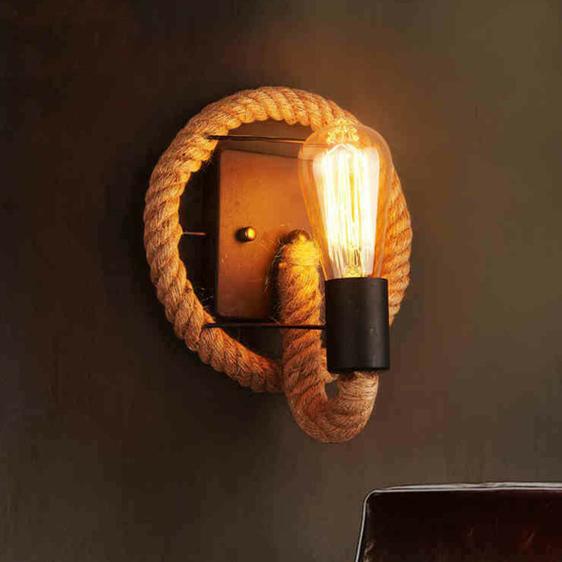 Black Open Bulb Wall Lamp Industrial Iron Single-Bulb Corridor Wall Mounted Light with Hemp Rope Black Round Clearhalo 'Art deco wall lights' 'Cast Iron' 'Glass' 'Industrial wall lights' 'Industrial' 'Middle century wall lights' 'Modern' 'Rustic wall lights' 'Tiffany' 'Traditional wall lights' 'Wall Lamps & Sconces' 'Wall Lights' Lighting' 2227995