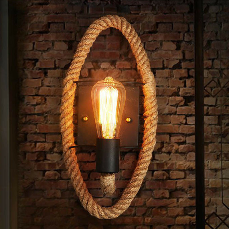 Black Open Bulb Wall Lamp Industrial Iron Single-Bulb Corridor Wall Mounted Light with Hemp Rope Black Oval Clearhalo 'Art deco wall lights' 'Cast Iron' 'Glass' 'Industrial wall lights' 'Industrial' 'Middle century wall lights' 'Modern' 'Rustic wall lights' 'Tiffany' 'Traditional wall lights' 'Wall Lamps & Sconces' 'Wall Lights' Lighting' 2227996