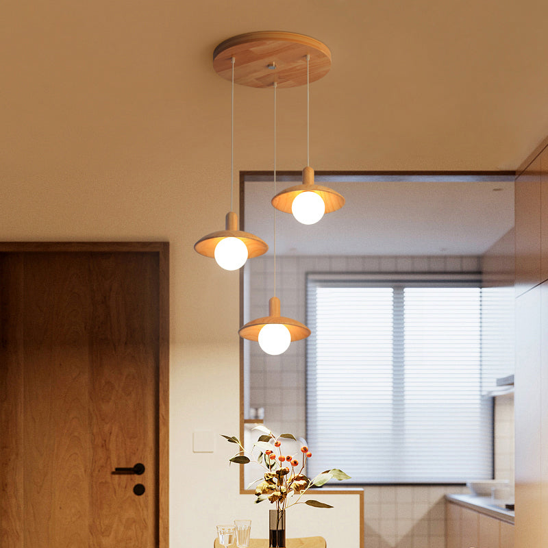 Funnel Shade Restaurant Multi Light Pendant Wood 3 Bulbs Minimalist Hanging Lighting Wood Round Clearhalo 'Ceiling Lights' 'Modern Pendants' 'Modern' 'Pendant Lights' 'Pendants' Lighting' 2228605