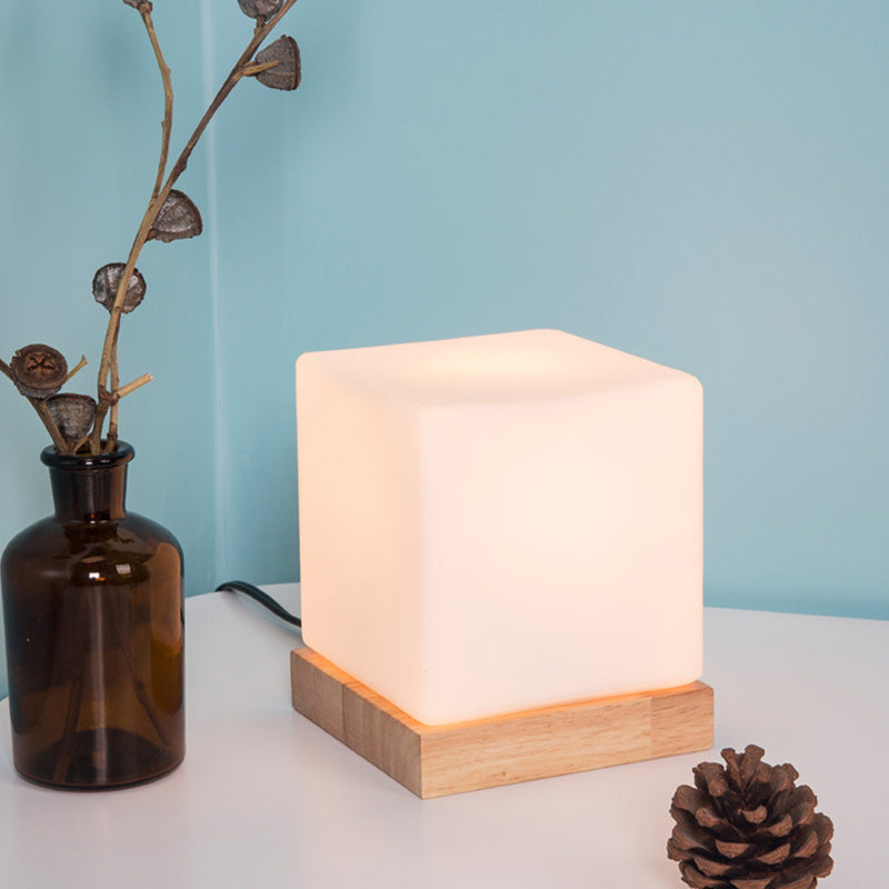 Cube Table Light Nordic Style White Glass Single Nightstand Lighting with Wooden Base Clearhalo 'Lamps' 'Table Lamps' Lighting' 2228666