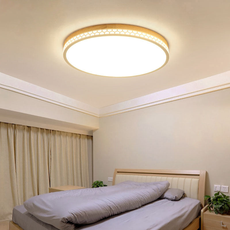 Circle Flush Ceiling Light Contemporary Wood Bedroom LED Flush Mount Lighting Fixture in White White Clearhalo 'Ceiling Lights' 'Close To Ceiling Lights' 'Close to ceiling' 'Flush mount' Lighting' 2228736