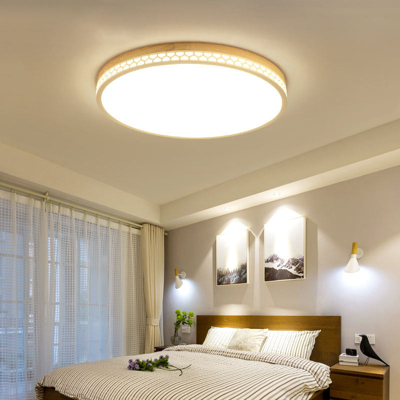 Circle Flush Ceiling Light Contemporary Wood Bedroom LED Flush Mount Lighting Fixture in White Clearhalo 'Ceiling Lights' 'Close To Ceiling Lights' 'Close to ceiling' 'Flush mount' Lighting' 2228737