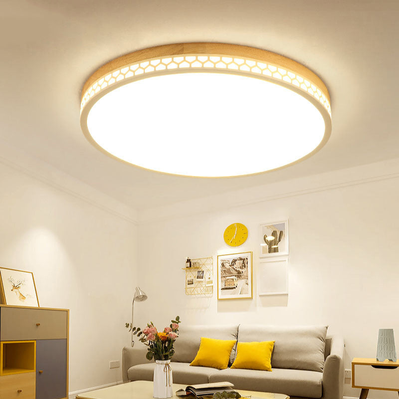 Circle Flush Ceiling Light Contemporary Wood Bedroom LED Flush Mount Lighting Fixture in White Clearhalo 'Ceiling Lights' 'Close To Ceiling Lights' 'Close to ceiling' 'Flush mount' Lighting' 2228739