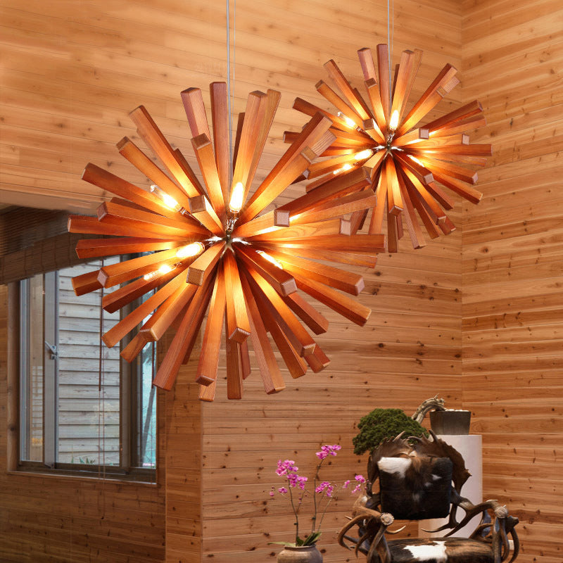 Wood Dandelion Ceiling Lighting Nordic Style Chandelier Light Fixture for Restaurant Dark Wood Clearhalo 'Carpenter Chandeliers' 'Ceiling Lights' 'Chandeliers' 'Industrial' 'Modern Chandeliers' 'Modern' Lighting' 2228932