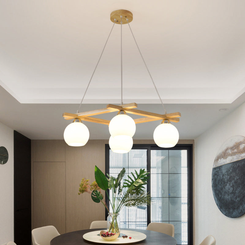 Sphere Living Room Chandelier Pendant Light Cream Glass 4 Bulbs Japanese Hanging Light in Wood Wood Clearhalo 'Carpenter Chandeliers' 'Ceiling Lights' 'Chandeliers' 'Industrial' 'Modern Chandeliers' 'Modern' Lighting' 2228940