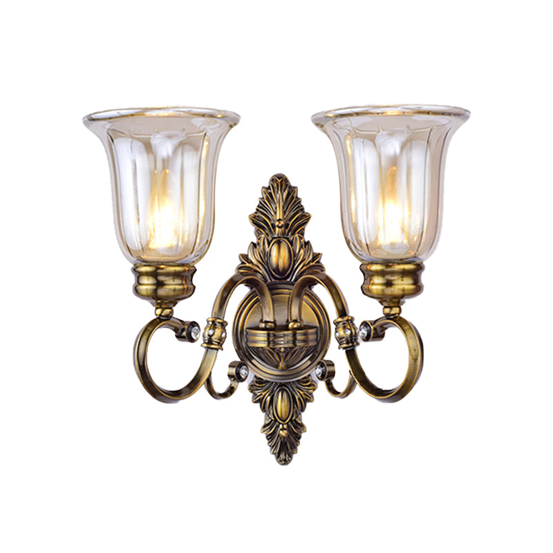 1/2-Light Clear Glass Wall Light Traditional Bronze Bell Shade Dining Room Sconce Light with Curvy Arm Clearhalo 'Wall Lamps & Sconces' 'Wall Lights' Lighting' 223347