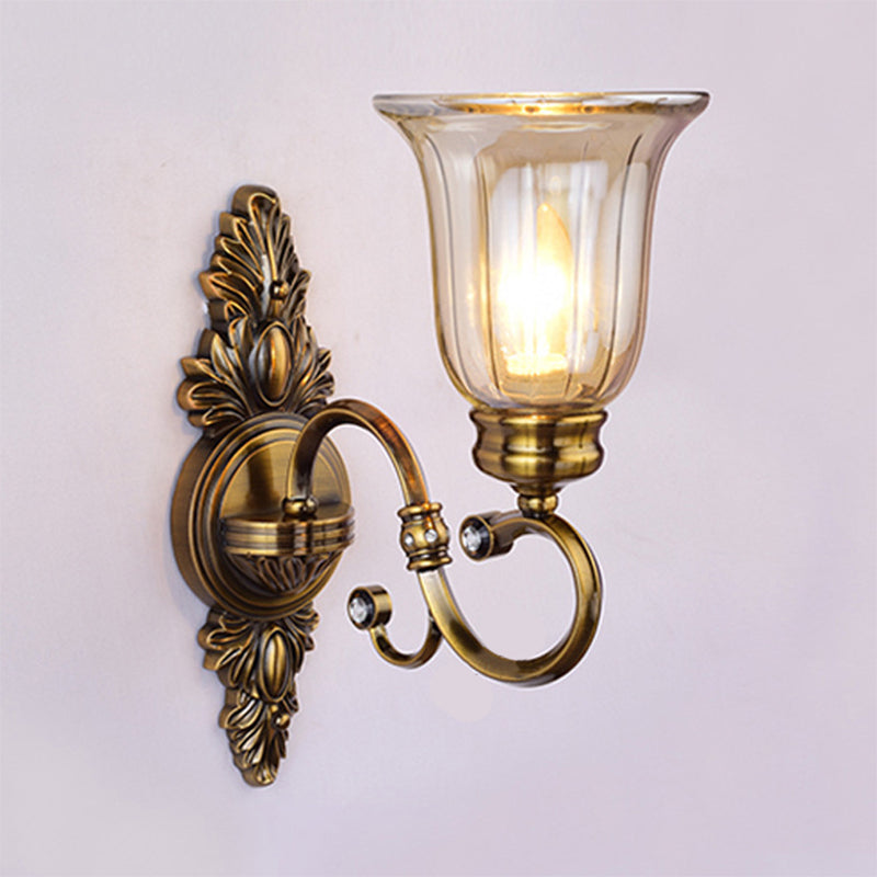 1/2-Light Clear Glass Wall Light Traditional Bronze Bell Shade Dining Room Sconce Light with Curvy Arm Clearhalo 'Wall Lamps & Sconces' 'Wall Lights' Lighting' 223350