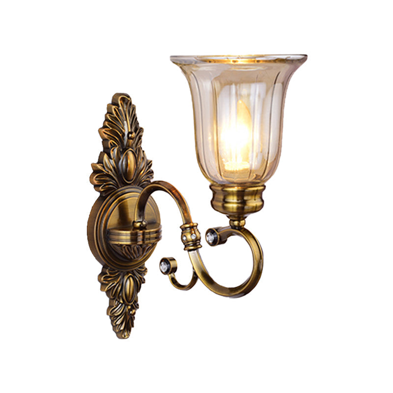 1/2-Light Clear Glass Wall Light Traditional Bronze Bell Shade Dining Room Sconce Light with Curvy Arm Clearhalo 'Wall Lamps & Sconces' 'Wall Lights' Lighting' 223351