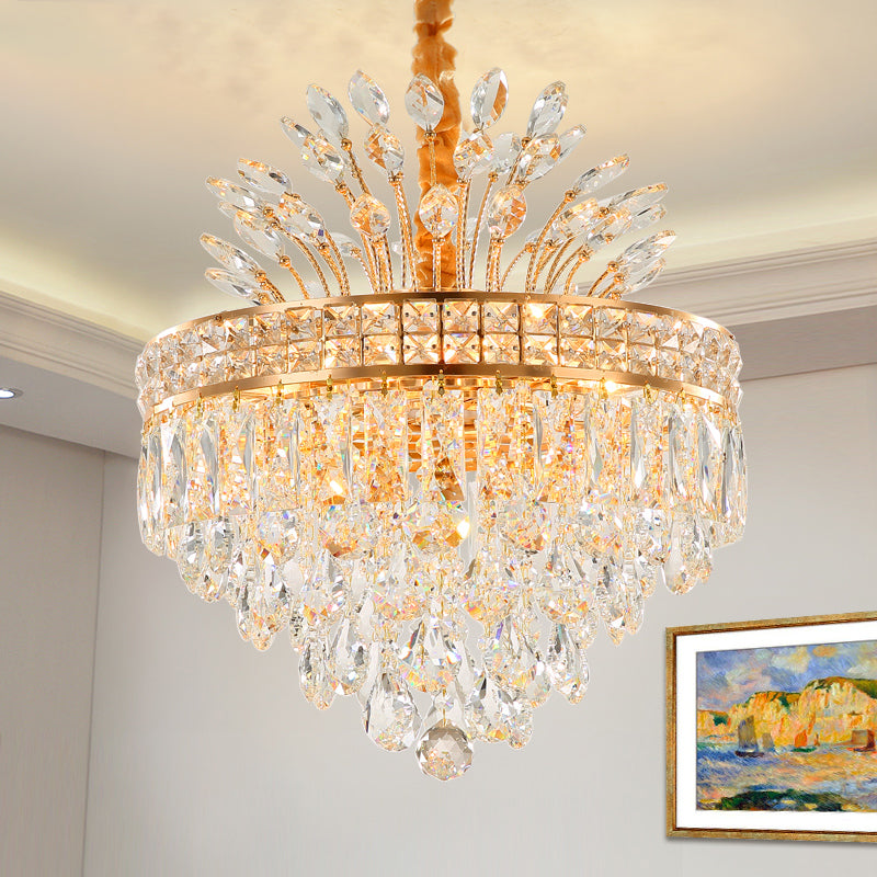 Tapered Chandelier Light Modern Faceted Crystal 9 Lights Gold Hanging Light Fixture for Bedroom Clearhalo 'Ceiling Lights' 'Chandeliers' 'Modern Chandeliers' 'Modern' Lighting' 223407