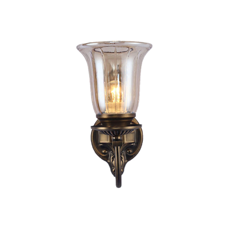 1/2-Light Clear Glass Wall Lamp Antique Bronze Bell Shade Living Room Sconce Light with Arched Arm Clearhalo 'Wall Lamps & Sconces' 'Wall Lights' Lighting' 223445