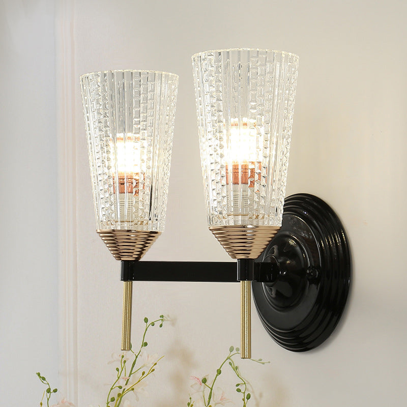 1/2-Light Wall Mounted Light Traditional Conical Clear Textured Glass Wall Sconce in Black for Foyer Clearhalo 'Wall Lamps & Sconces' 'Wall Lights' Lighting' 223503