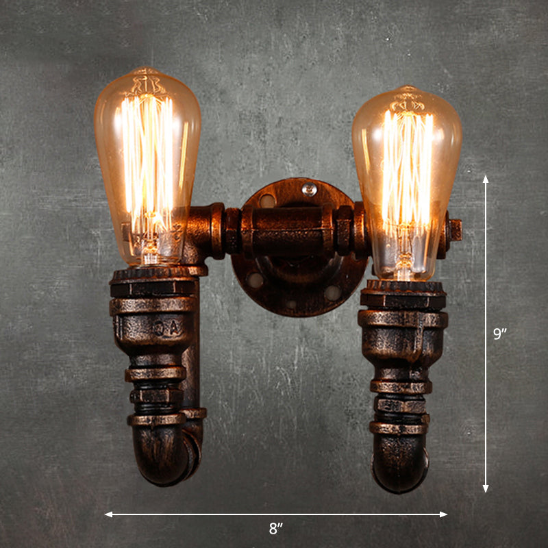 Water Pipe Iron Wall Light Fixture Vintage 2 Bulbs Restaurant Wall Mounted Lamp in Rust Rust Clearhalo 'Art deco wall lights' 'Cast Iron' 'Glass' 'Industrial wall lights' 'Industrial' 'Middle century wall lights' 'Modern' 'Rustic wall lights' 'Tiffany' 'Traditional wall lights' 'Wall Lamps & Sconces' 'Wall Lights' Lighting' 2235563