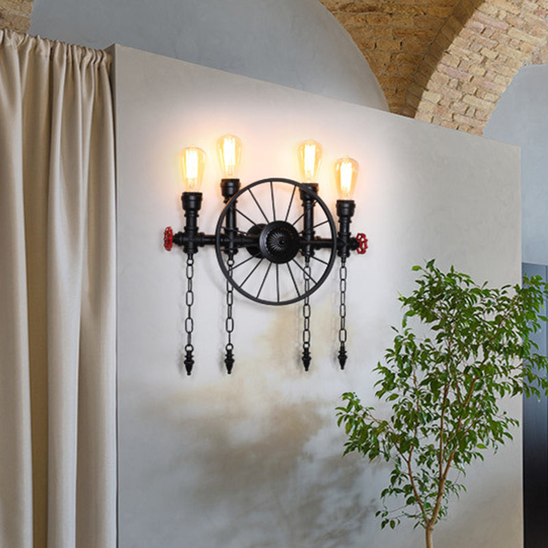 Wagon Wheel Restaurant Wall Light Retro Iron Restaurant Piping Light with Valve Decor in Black Clearhalo 'Art deco wall lights' 'Cast Iron' 'Glass' 'Industrial wall lights' 'Industrial' 'Middle century wall lights' 'Modern' 'Rustic wall lights' 'Tiffany' 'Traditional wall lights' 'Wall Lamps & Sconces' 'Wall Lights' Lighting' 2235616