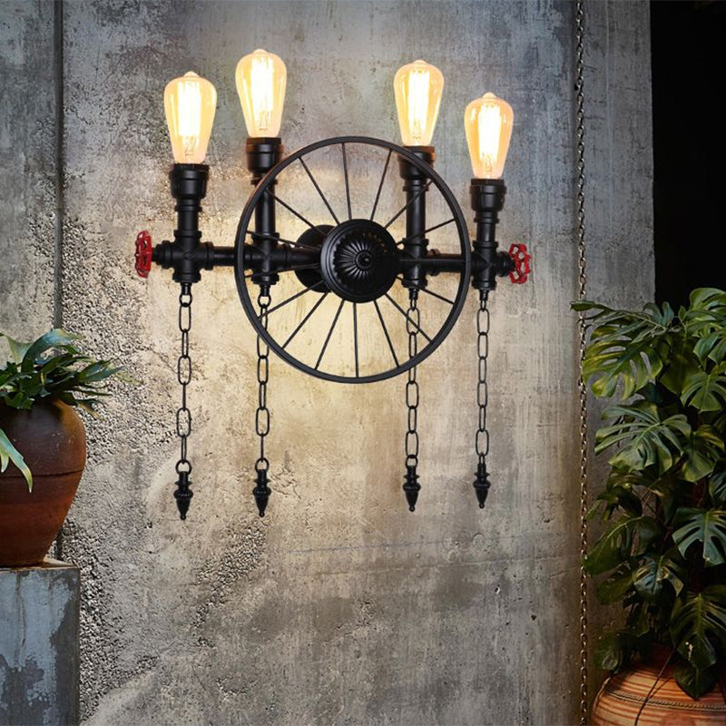 Wagon Wheel Restaurant Wall Light Retro Iron Restaurant Piping Light with Valve Decor in Black Clearhalo 'Art deco wall lights' 'Cast Iron' 'Glass' 'Industrial wall lights' 'Industrial' 'Middle century wall lights' 'Modern' 'Rustic wall lights' 'Tiffany' 'Traditional wall lights' 'Wall Lamps & Sconces' 'Wall Lights' Lighting' 2235617