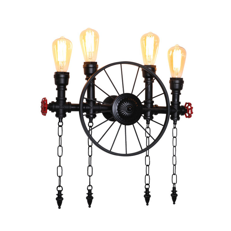 Wagon Wheel Restaurant Wall Light Retro Iron Restaurant Piping Light with Valve Decor in Black Clearhalo 'Art deco wall lights' 'Cast Iron' 'Glass' 'Industrial wall lights' 'Industrial' 'Middle century wall lights' 'Modern' 'Rustic wall lights' 'Tiffany' 'Traditional wall lights' 'Wall Lamps & Sconces' 'Wall Lights' Lighting' 2235618