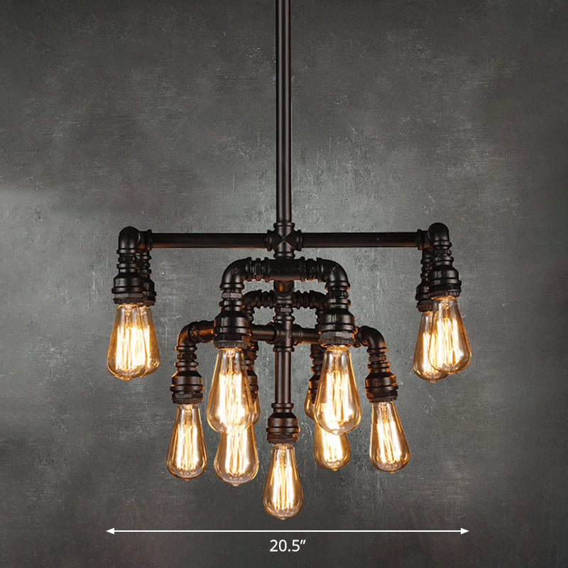 13 Heads Ceiling Lighting Rustic Water Pipe Iron Chandelier Light Fixture in Black Black Clearhalo 'Cast Iron' 'Ceiling Lights' 'Chandeliers' 'Industrial Chandeliers' 'Industrial' 'Metal' 'Middle Century Chandeliers' 'Rustic Chandeliers' 'Tiffany' Lighting' 2235628