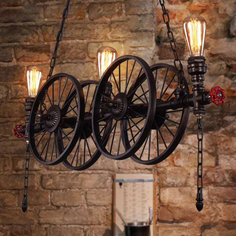 Wagon Wheel Metallic Pendant Light Antique 3 Heads Restaurant Hanging Island Light with Decorative Valve Rust Clearhalo 'Ceiling Lights' 'Island Lights' Lighting' 2235640