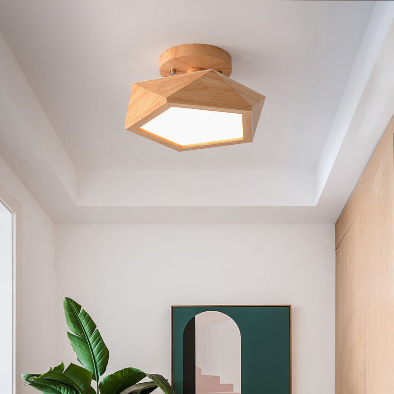 Pentagon Faceted LED Semi Flush Mount Simplicity Wood Corridor Ceiling Mounted Light Wood Semi-Flush Mount Clearhalo 'Ceiling Lights' 'Close To Ceiling Lights' 'Close to ceiling' 'Flush mount' Lighting' 2235884