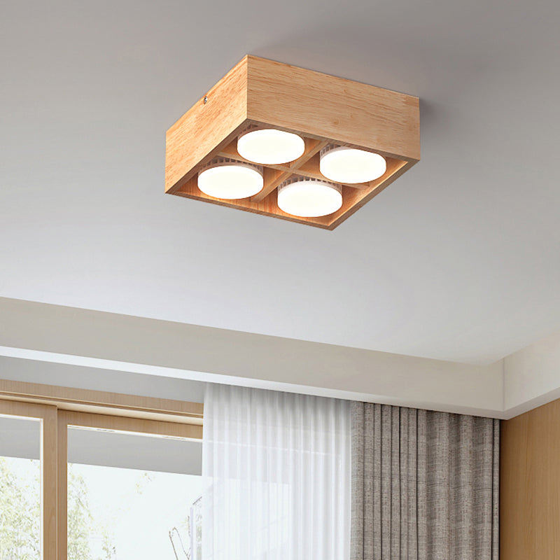 Squared Flush Ceiling Light Contemporary Wood Corridor LED Flush Mount Lighting Fixture 4 Wood Clearhalo 'Ceiling Lights' 'Close To Ceiling Lights' 'Close to ceiling' 'Flush mount' Lighting' 2235925