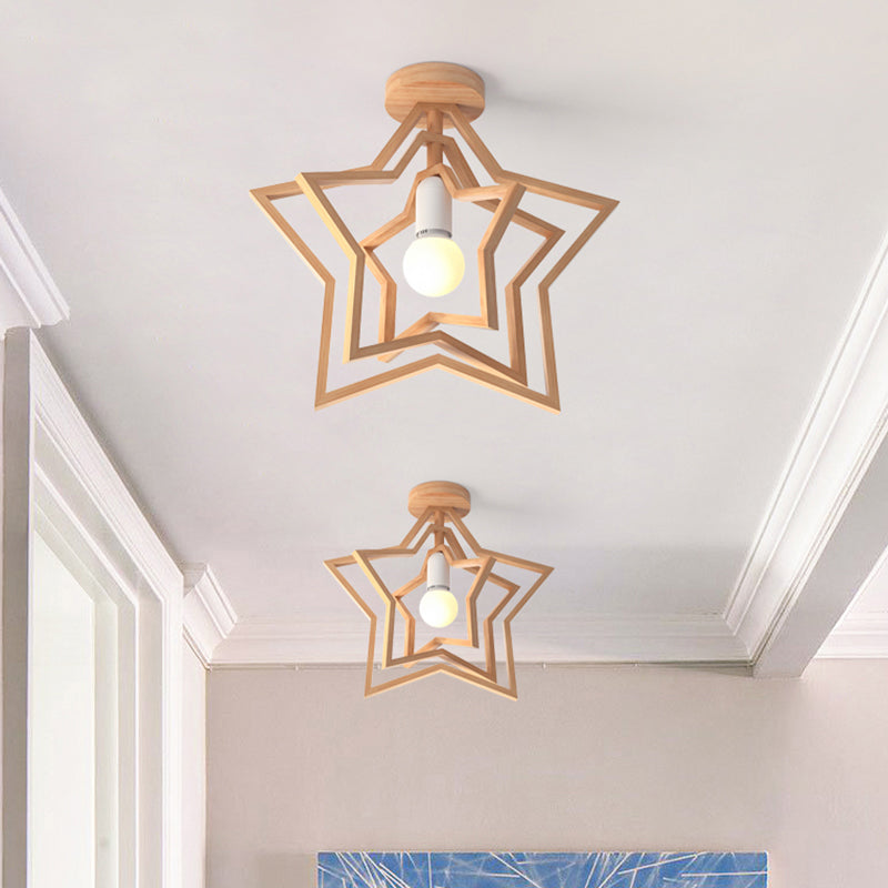 Wood Geometric Cage Flush Light Nordic Style Single Flush Ceiling Light Fixture for Corridor Wood Star Clearhalo 'Ceiling Lights' 'Close To Ceiling Lights' 'Close to ceiling' 'Flush mount' Lighting' 2235928